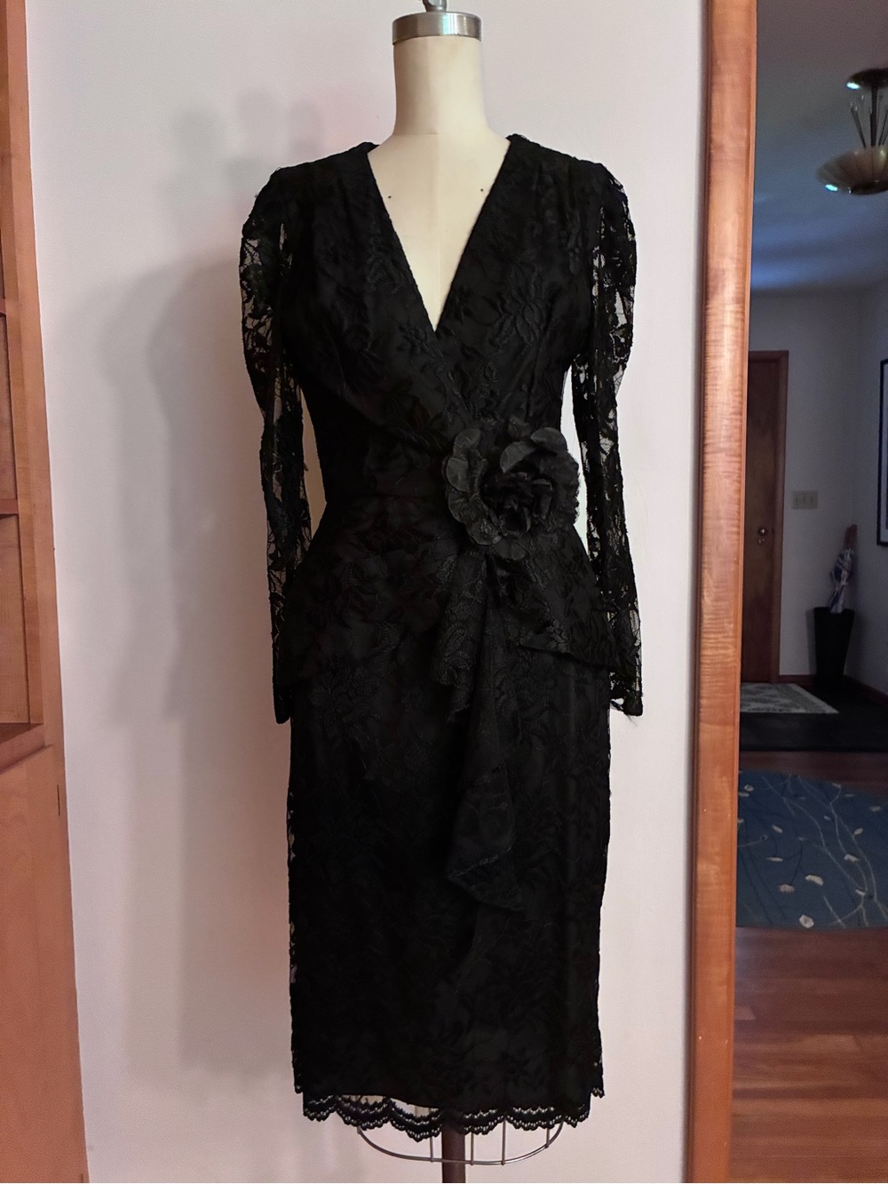 Vintage Black Blouse Skirt Ensemble Lace Rosette Whimsigoth Cocktail Peplum 80s